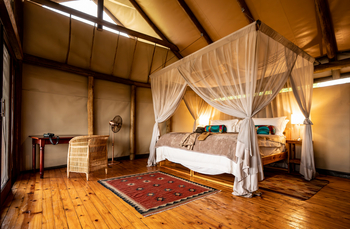 Mokolwane Camp: Teppich vor dem Bett