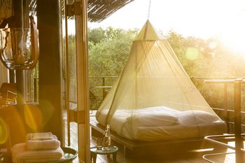 Singita Sweni Lodge: Tagesbett mit Moskitonetz im goldenen Dämmerlicht