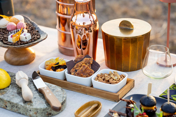 Anantara Tented Camp Kafue River: Feiner Bush-Aperitif mit Macarons und Kupfer-Shaker