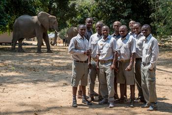 Little Ruckomechi Camp: Gruppenbild vor Elefanten