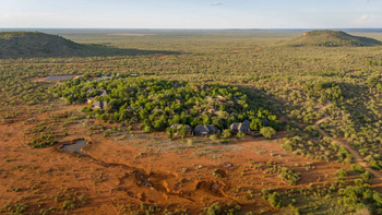Madikwe Hills Private Game Lodge: Luftaufnahme über grünem Buschfeld bei Sonnenaufgang