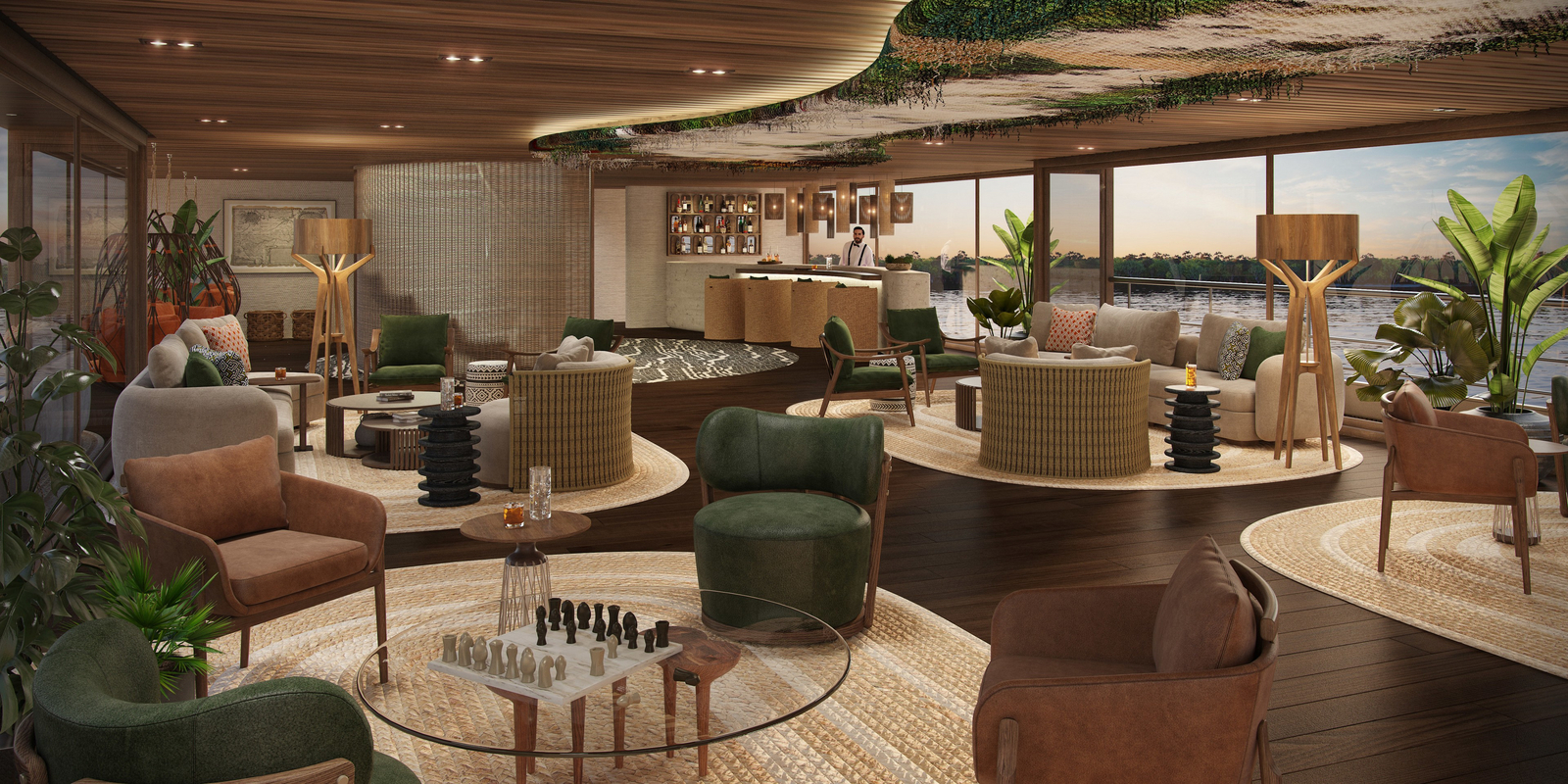 andBeyond Amazon Explorer andBeyond Amazon Explorer: Abendliche Schiffslounge mit Fluss-Panorama und Bar