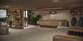 andBeyond Amazon Explorer: Empfangsbereich mit strukturiertem Tresen und Boutique