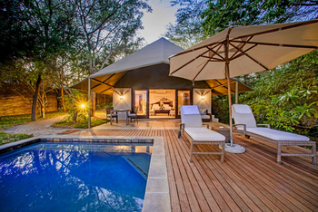 Savanna Lodge: Zwei Loungesessel, Schirm und Pool vor Canvas-Suite