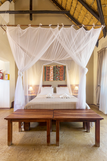 Hobatere Lodge: Doppelbett mit Moskitonetz