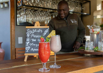 Notten's Bush Camp: Barkeeper serviert Sundowner-Cocktails an der Buschbar