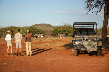 Madikwe Hills Private Game Lodge: Gäste beim Sundowner auf Safari-Fahrzeug