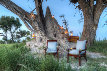 Kanana Camp: Sundowner neben einem Termitenhügel