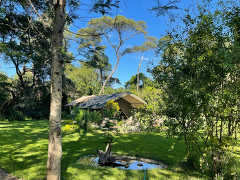 The Woodlands: Gästezelt mit strohgedeckem Bad auf der Rückseite