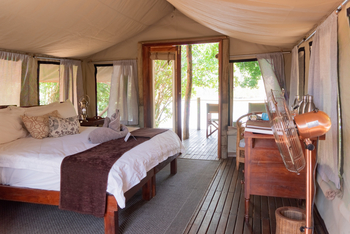 Kanga Camp: Doppelbett und Ventilator im Gästezelt