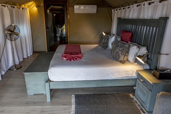 Tlouwana Camp Tlouwana Camp: Doppelbett im Meru Zelt