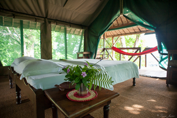 Masoala Forest Lodge: Nachttisch vor Doppelbett
