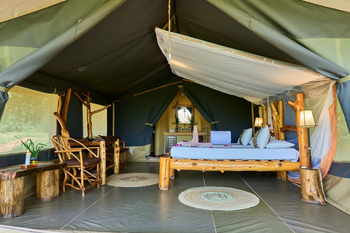 Ikoma Tented Camp: Bett mit Handtüchern und Blütenblättern