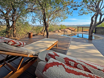 Madikwe Hills Private Game Lodge: Holzterrasse mit Plunge Pool und Liegestühlen