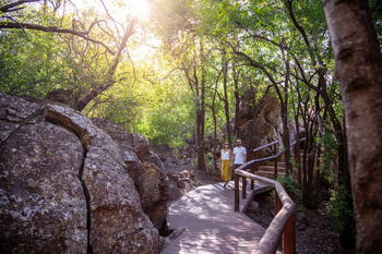 Madikwe Hills Private Game Lodge: Paar Hand in Hand auf Holzweg