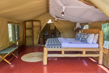 Tindiga Tented Camp: Holzrahmenbett mit dekorativem Moskitonetz