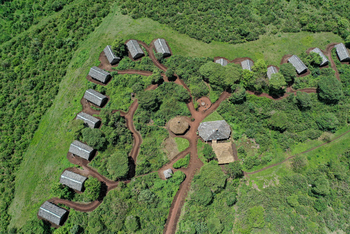 Crater Forest Tented Camp: Runde Strohdachhütten im grünen bei Tag