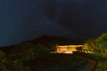 Mkomazi Wilderness Retreat: Beleuchteter Camp-Pavillon unter Sternenhimmel bei Nacht