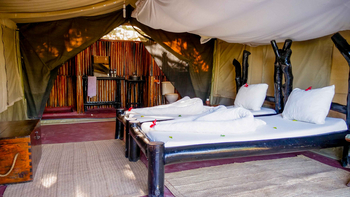 Tindiga Tented Camp: Komfortable Einzelbetten mit Holzkopfteil