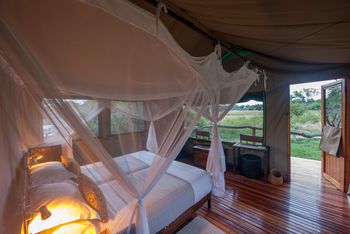 Sango Safari Camp: Bett mit Moskitonetz