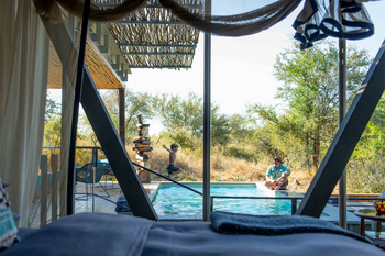 Singita Sweni Lodge: Poolterrasse mit Liegen und Buschblick