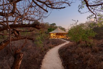 Mkomazi Wilderness Retreat: Gäste dinieren im beleuchteten Esszelt