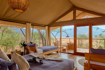 Mkomazi Wilderness Retreat: Zweibettzimmer mit Lavendel-Betten und Savannenblick