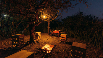 Tindiga Tented Camp: Lagerfeuer Treffpunkt mit Beleuchtung im Busch