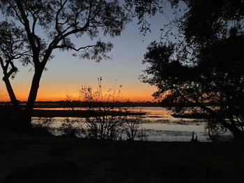 Losika Elephant Camp: Feuriger Sonnenuntergang über Wasser und Silhouetten