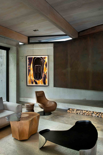 Cheetah Plains: Lounge mit Ledersessel und skulpturalem Holzstumpf-Tisch