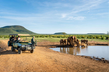 Mateya Safari Lodge: Morgendämmerung mit Safarifahrzeug und Elefanten