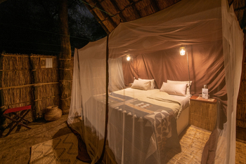 Tafika Camp: Doppelbett mit Moskitonetz