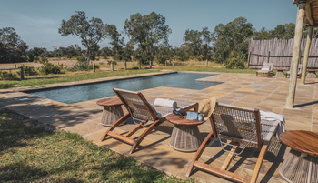 The River Camp: Poolterrasse mit Holzliegen und Buschblick am Nachmittag