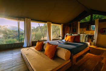 Mkomazi Wilderness Retreat: Schlafzimmer mit goldenem Morgenlicht und Buschlandschaft