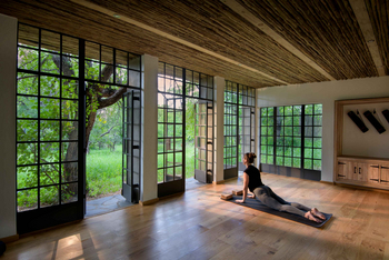 Singita Castleton: Gast übt Yoga im Studio mit Buschblick