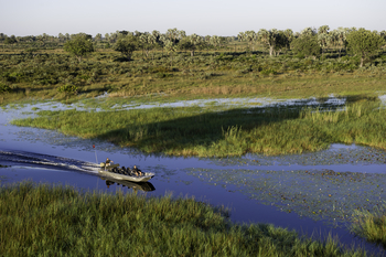 Kwetsani Camp: Motorboot auf einem WasserlaufSchnellboot durch die Deltakanäle