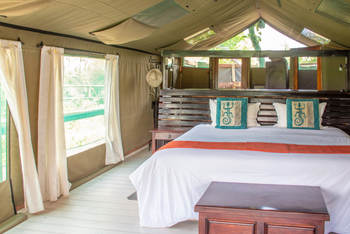 Gunn's Camp: Blick zum Bett und Bad dahinter