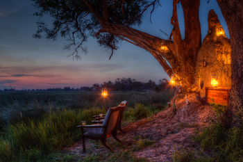 Kanana Camp: Sundowner neben einem Termitenhügel