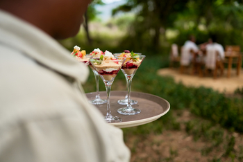 Mkomazi Wilderness Retreat: Kellner bringt exquisite Desserts im Busch