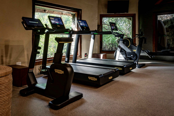 Singita Boulders Lodge: Fitnessraum mit Technogym-Ausrüstung und Naturblick