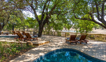 Sabi Sabi Bush Lodge: Pooldeck mit Holzliegen und Nachmittagssonne