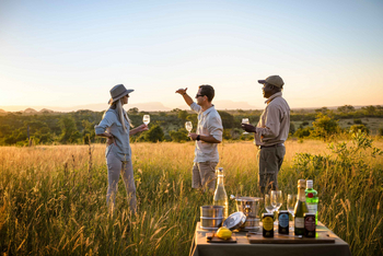 Singita Castleton: Drei Gäste stoßen beim Savannen-Sundowner an