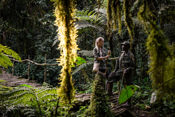 Sanctuary Gorilla Forest Camp: Gast mit Guide im Wald