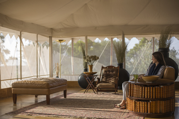 Sujan The Serai: Lesesessel mit Bücherrondell im Gemeinschaftszelt