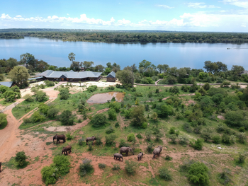 Old Drift Lodge: Wasserloch mit Elefanten
