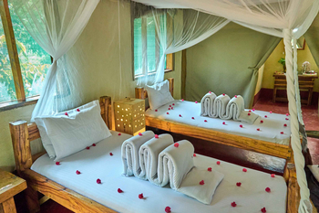 Migunga Tented Camp: Moskitonetzgeschmückte Einzelbetten mit Rosenblüten